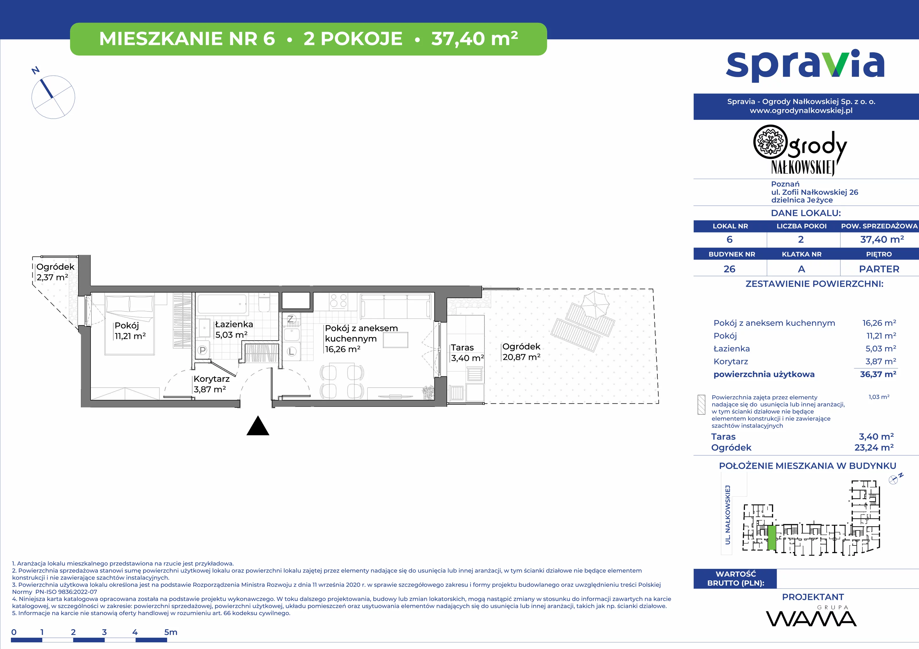 2 pokoje, mieszkanie 37,40 m², parter, oferta nr 26-6, Ogrody Nałkowskiej, Poznań, Ogrody, ul. Nałkowskiej 24, 26